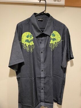 Goofydaddy Men's Short-Sleeve Button-Up Shirt Neon Green Skull Print.Sz 3XL